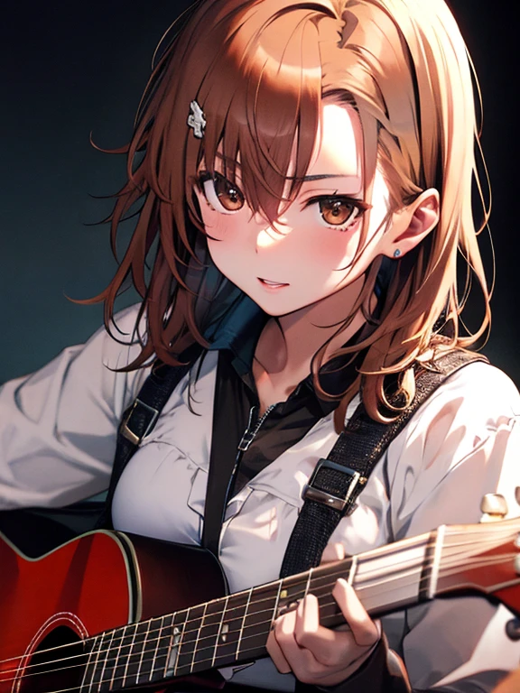 Misaka Mikoto、guitarist、UHD, retina, masterpiece, ccurate, anatomically correct, textured skin, super detail, high details, high quality, best quality, highres, 4K