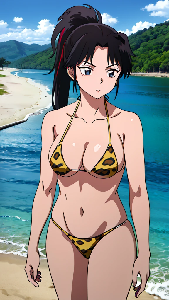 (masterpiece, 4K, highest quality, anime style: 1.9, Detailed face, Lovely, Ocean,Bold Line, High resolution, anime, Lake 4. alone, 非常にslimなお腹, Cowboy Shot,Leopard print bikini,1 girl,Black Hair, ponytail,Yashahime: Half-demon Princess, setsuna,slim