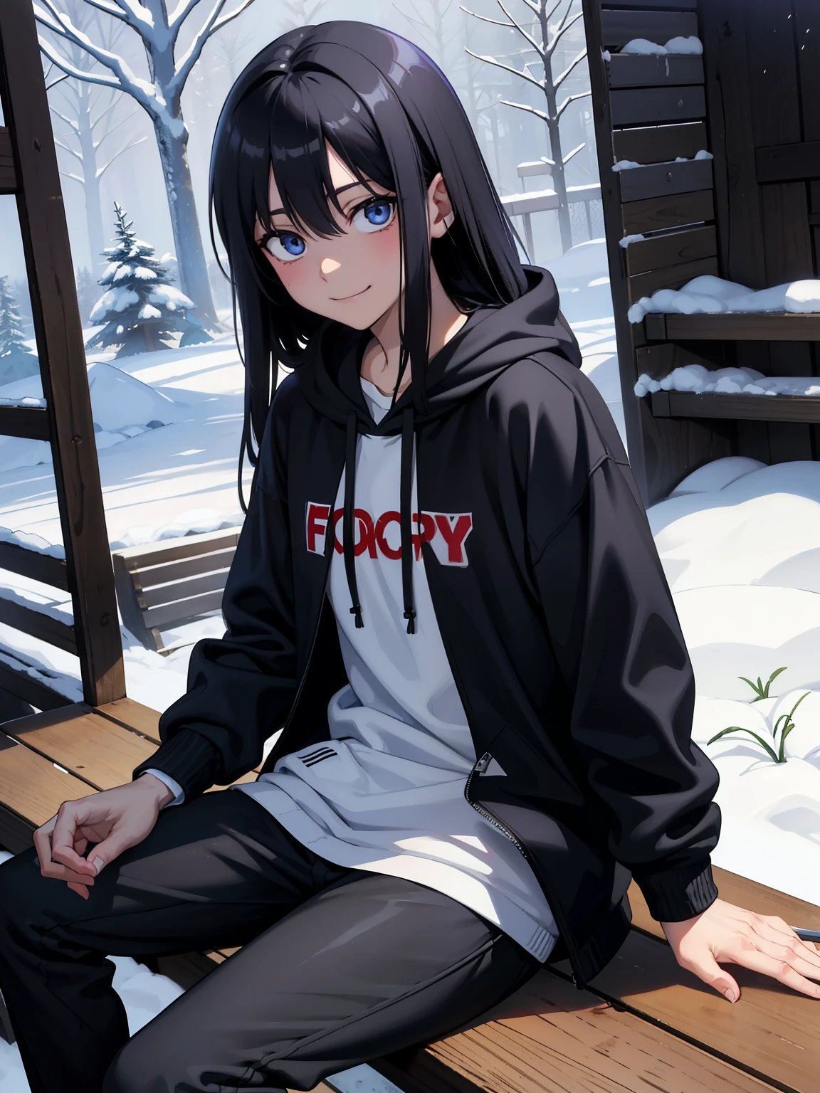 score_9、score_8_up、score_7_up、score_9、score_8_up、score_8、Super detailed、Beautiful Face、High-resolution Break 、jeffthekiller、solo、Staring at the audience、blue eyes、Black Hair、One Boy、Hair between the eyes、Food、Medium Hair、grinning、hoodie、Foodを下ろしている、knife、Pale skin、knifeを持っている、1 本のknife、Dark circles under the eyes、白いhoodie、Blood、Crazy Smile、Black pants、Cowboy Shots、forest、night、Sitting、
