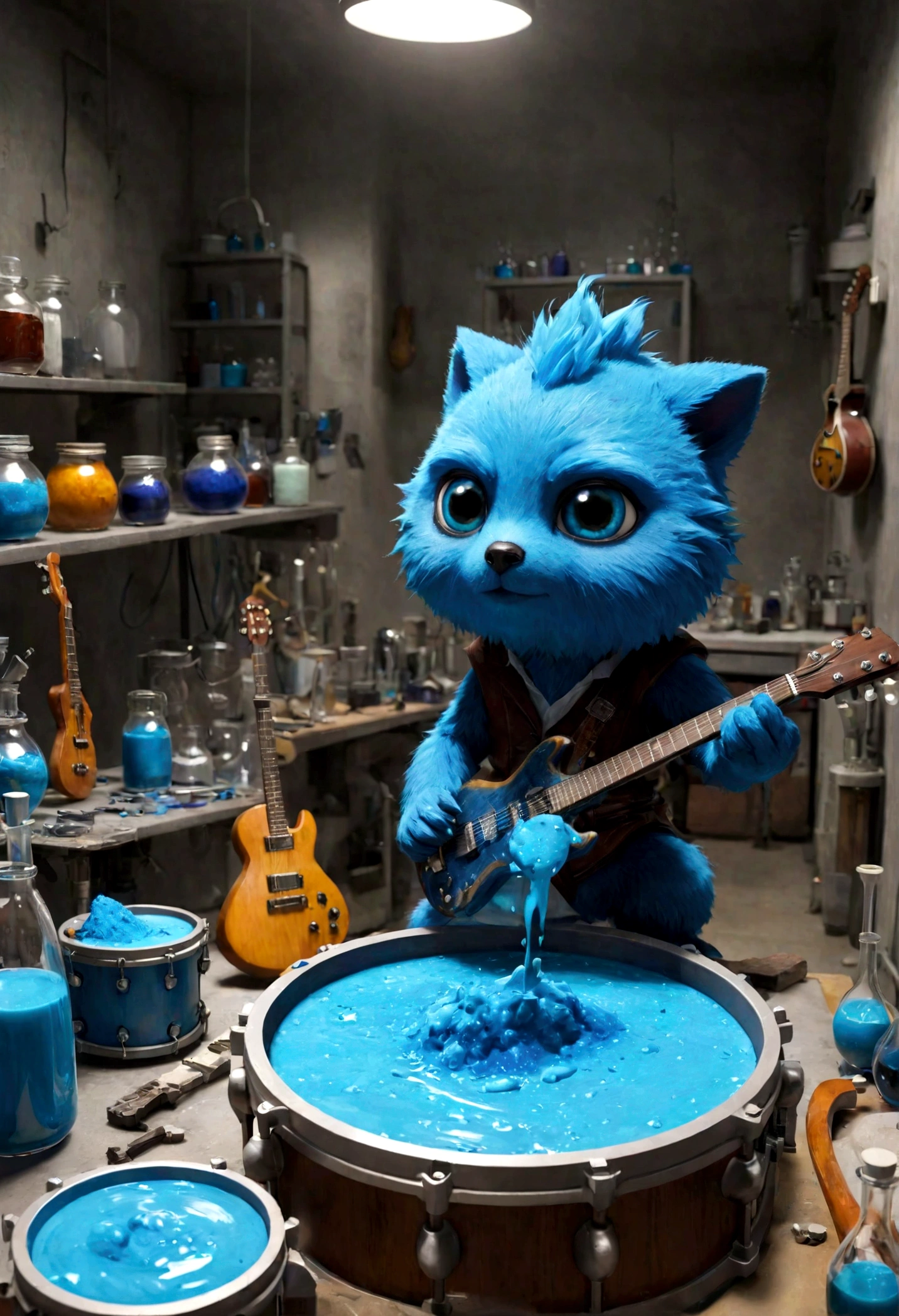 Sucrose in his laboratory, with music guitars and drums, to make a blue potion