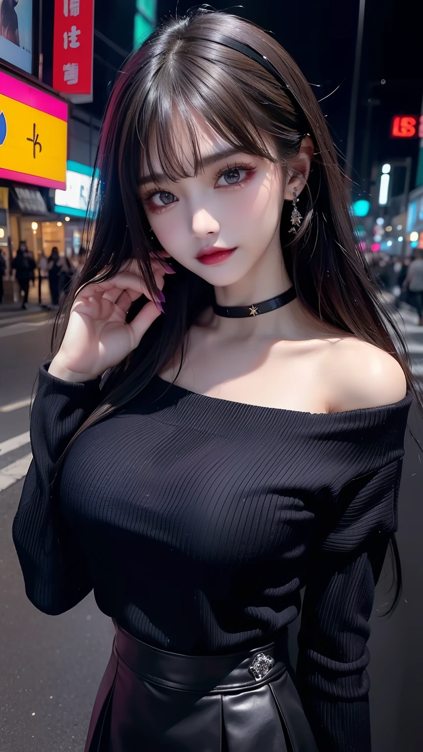 4k-ultra sharp、highest quality, masterpiece, ultra high resolution, (reality: 1.4), 1 girl, purple eyes, Off-the-shoulder sweater dresses, cinematic lighting、purple and black hair、(mine girl、goth makeup、mine makeup)、(Pierced ears、big breasts、Oversized black T-shirt with open shoulders、dark mini skirt)、((dark makeup、oil skin,sparkling skin、realistic skin texture、detailed beautiful skin、shiny skin)), dark downtown area at night、kabukicho、Dark Cyberpunk、(full shot:1.8)、thin legs、thin arms、thin shoulders、thin waist、slender body、big breasts、whole body
