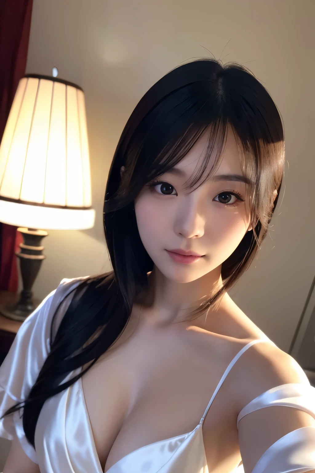 selfie, from the neck down, a close-up selfie shot of a beautiful Japanese woman, wearing white silk nightgown, looking off camera. Elegant composition with soft, flattering shadows. Highly photorealistic style