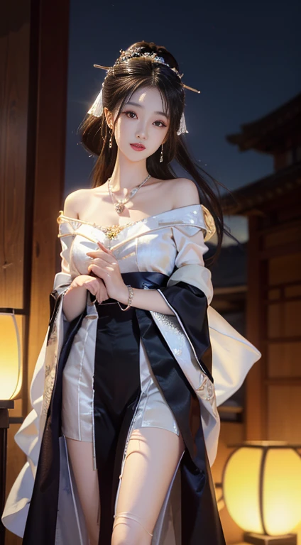 elaborate Hanfu, ((whole body)), ((from below)), ((gufeng,Bare shoulders)), Clear face, Pretty Face, 8K, masterpiece, original photo, best quality, detail:1.2,lifelike, detail, Very detailed, CG, Unity, wallpaper, Depth of Field, light, lens flare, Ray tracing, (extremely beautiful face, Beautiful lips, beautiful eyes), complicated, detail的脸, ((ultra detailed skin)), 1 girl, in the darkness, Deep Shadows, Beautiful korean girl, Korean Idol,(Very slim figure:1.3), Full breasts, Slender sexy legs, Elegant Posture, (A big smile), (City night, (Neon), (night), Beautiful korean girl, White Diamond Earrings, diameter bracelet, Deya Necklace, Clear eyes, Facing forward, (big eyes)