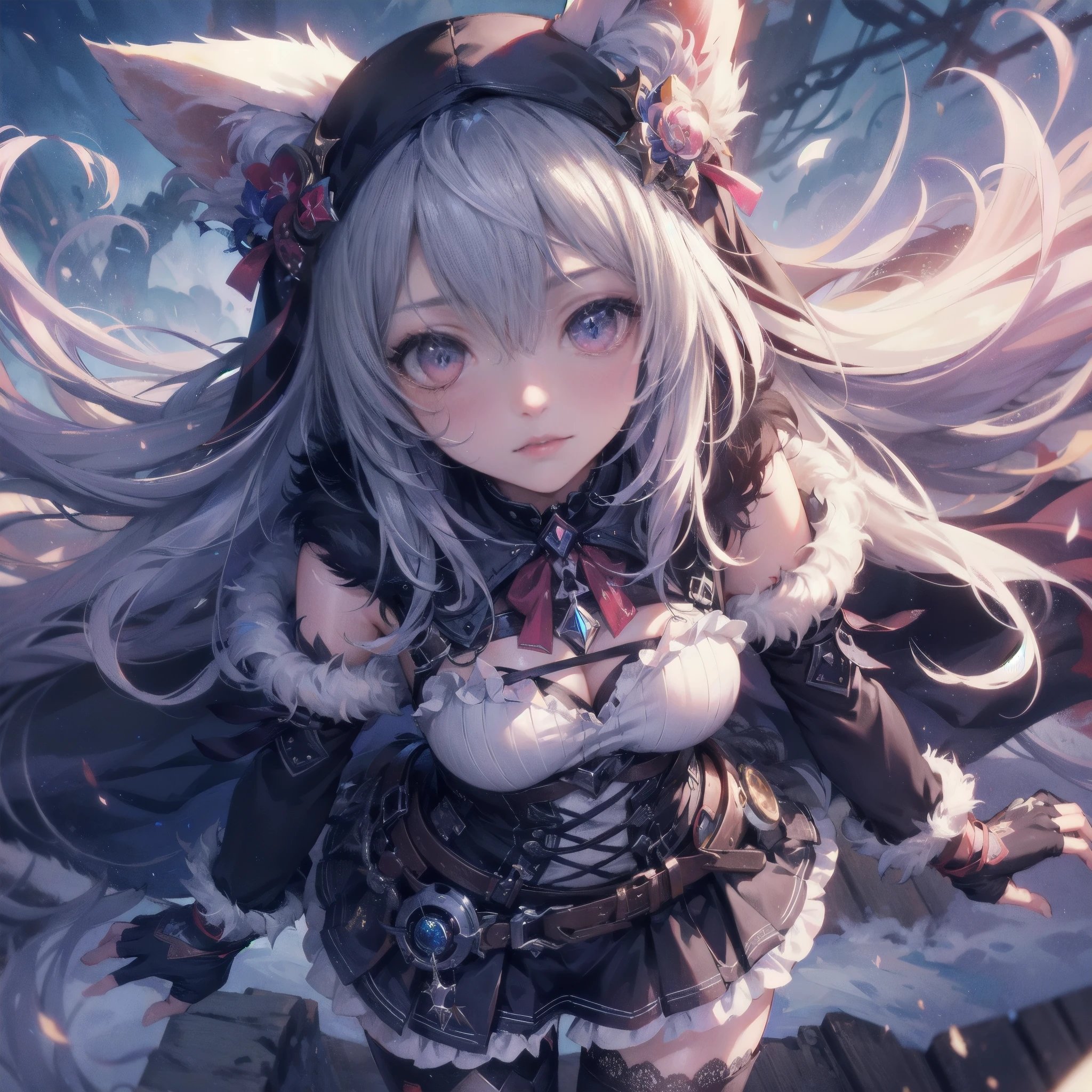 A fantasy Wasteland battles hand-in-hand through a wasteland full of pitfalls. The camera zooms in on the girl, capturing her determination. The cool girl, with wolf ears,wolf tail,  wears thin leather armor and dark cloak. As the zoom progresses, the focus shifts to her hands, highlighting the worn and weathered textures that symbolize her journey and the hardships she has endured. This message is realized in a mixed-media sculptural style, combining elements of metalwork and textile art to represent the characters and their resilience in three-dimensional form.