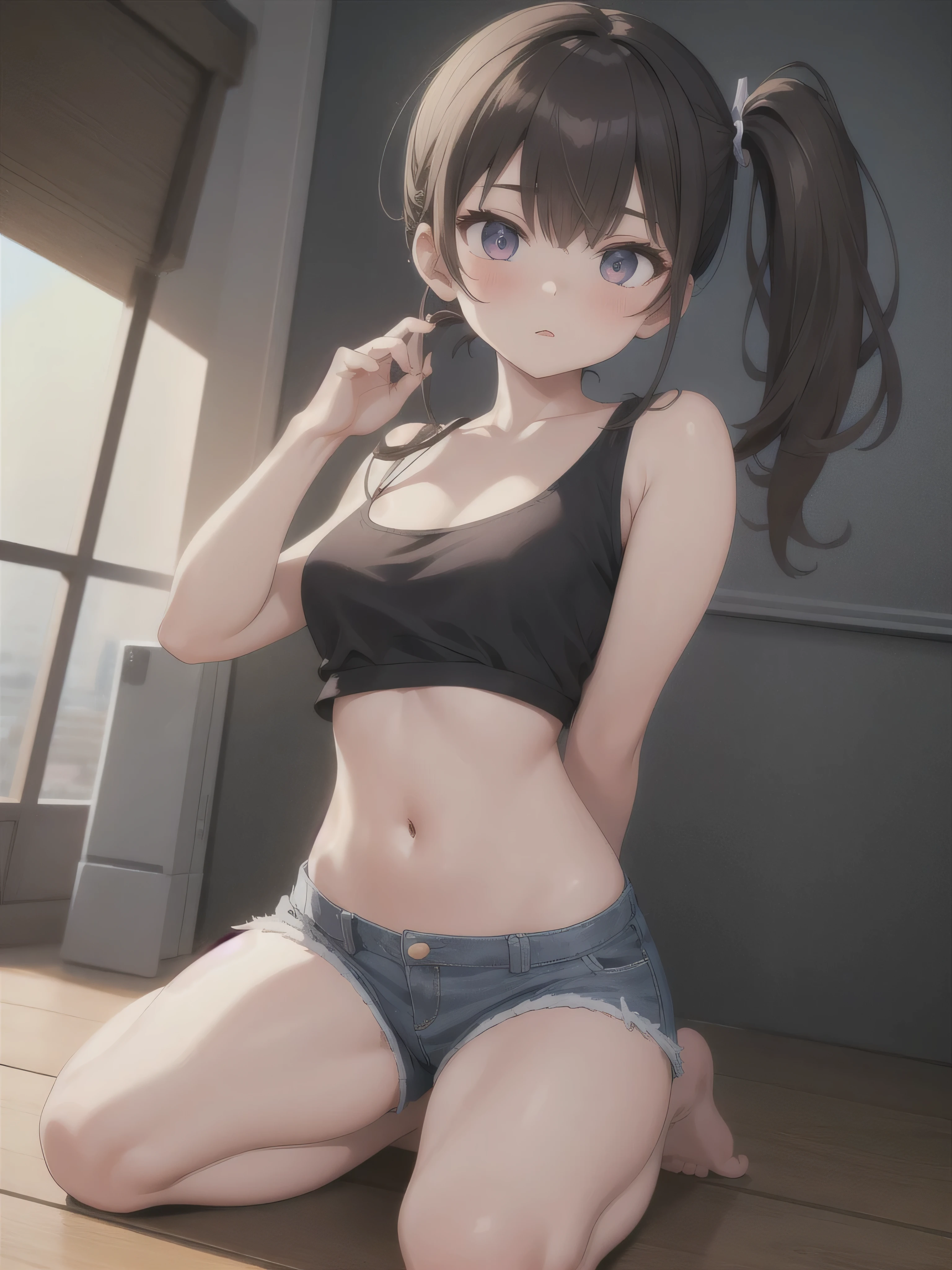 masterpiece, best quality, ultra detailed, 1 girl, short shorts, tank top, side ponytail, nsfw, 