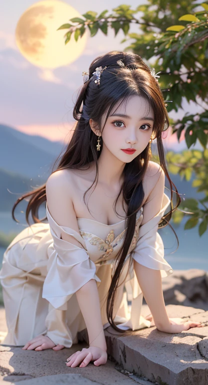((Bare shoulders)), ((whole body)), Practical, Fashion Girl, red lips, Become a, cosmetic, big eyes, beautiful eyes, ((whole body)), ((from below)), (best quality, masterpiece:1.2), Super detailed, (Practical:1.37), ((Sexy long legs)), beautiful, Young and energetic, Charming model with, Large Breasts, cleveage, (Delicateeyes, Detailed lips, extremely Delicateeyes), Show a bright smile, Create stunning girl images, warm color, Extremely high color saturation, Official Art, Extremely detailed CG unified 8k wallpaper,(High Dynamic Range :1.4), (Movie),(Soft colors, Dull Color, Soothing tone :1.3), (Natural skin texture, ultra-Practical, Soft Light, sharp),(Very detailed), night, moonlight, ((In the mountains, plant, Leaning against the rocks))