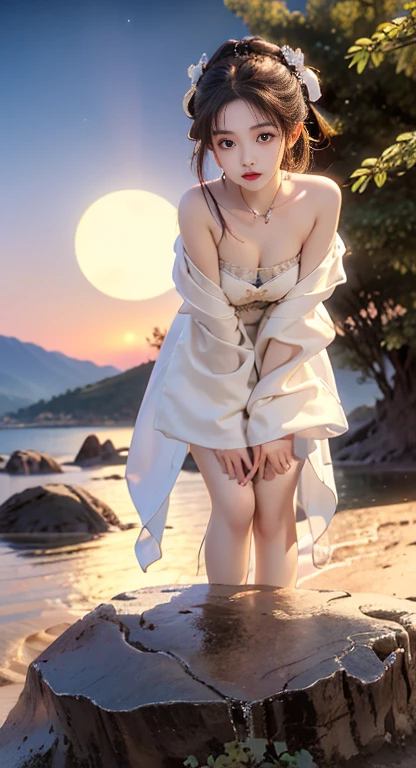 ((Bare shoulders)), ((whole body)), Practical, Fashion Girl, red lips, Become a, cosmetic, big eyes, beautiful eyes, ((whole body)), ((from below)), (best quality, masterpiece:1.2), Super detailed, (Practical:1.37), ((Sexy long legs)), beautiful, Young and energetic, Charming model with, Large Breasts, cleveage, (Delicateeyes, Detailed lips, extremely Delicateeyes), Show a bright smile, Create stunning girl images, warm color, Extremely high color saturation, Official Art, Extremely detailed CG unified 8k wallpaper,(High Dynamic Range :1.4), (Movie),(Soft colors, Dull Color, Soothing tone :1.3), (Natural skin texture, ultra-Practical, Soft Light, sharp),(Very detailed), night, moonlight, ((In the mountains, plant, Leaning against the rocks))