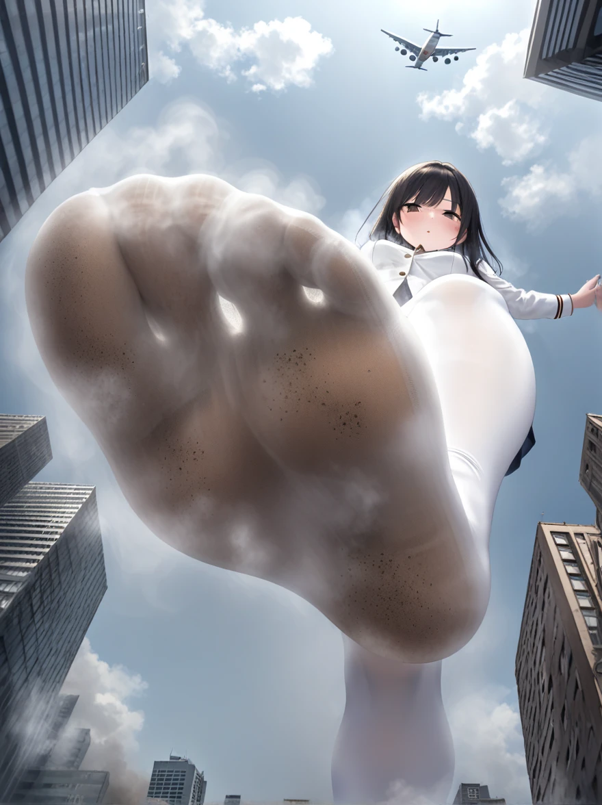 masterpiece, best quality, highest quality, highres, absurdres, extremely detailed, extremely delicate and beautiful,
1girl, white pantyhose, steaming, stepped on, (dirty socks soles, steaming feet, steaming socks soles:1.2), jvdaniang, giga size, from below, foot fetish, smell,perspective, foreshortening, looking down at viewer, low angle view, airplane under feet, black hair, looking down, skyscraper