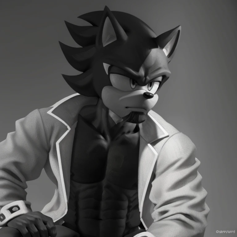 Shadow the Hedgehog, jacket, gigachad, jawline, looking to the left, IncursioGigaSitting masterpiece, UHD, monochrome, greyscale