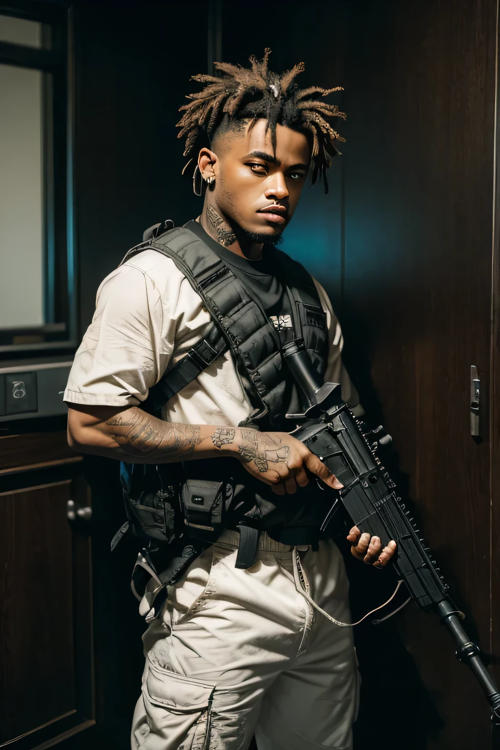 um homem sem camisa segurando uma arma , xxxtentacion, segurando um mp7, fortemente armado, tiroteio de sakuga, man is carrying a rifle, segurando pdw, membro de gangue do Rio de Janeiro, mp5s, membro de gangue do rio de janeiro, segurando rifle, segurando uma arma, Carregando uma arma, com rifle, Lil Uzi bateu