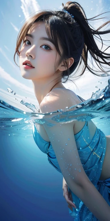 gufeng,Bare shoulders,best quality，masterpiece，Ultra-high resolution，Clear face,（realism：1.4），RAW photos，Cold Light，Woman underwater，Full body image，Wallpaper Anime Blue Water，Gurwitz-style artwork，A close-up fantasy of water magic，author：Yang Jie，Gurwitz，A beautiful artistic illustration，Water Nymphs，Beautiful digital artwork，Beautiful digital illustration，Li Song，Beautiful anime portrait，A bull&#39;Art style