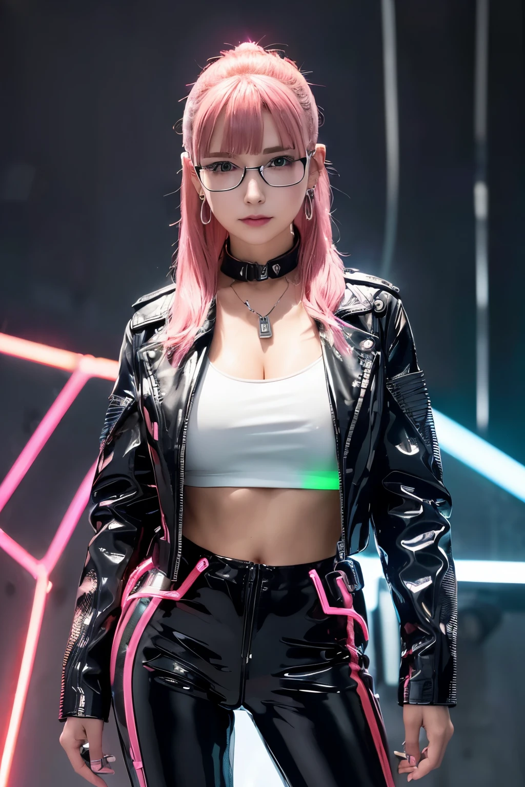 (8K, top-quality, masterpiece:1.2), (reallistic, Photorealsitic:1.37), Super Detail, One girl, (Highly detailed), (beautifully detailed eyes), (of the highest quality), (super detailed ), (masterpiece), (Detailed face), 20yr old, 1 girl, ((pink hair,long hair)), medium breasts, clothed, Perfect Lighting, BREAK, (futuristic cyberpunk clothes:1.5), (black leather jacket with neon lights:1.6), (white mesh top:1.5), (red latex pants:1.6), (shiny and tight fabrics:1.4), (glowing wires and circuits:1.5), (black combat boots:1.5), (silver cybernetic earrings and necklace:1.6), (red LED glasses:1.6), BREAK, (full body shot), (side ponytail with cybernetic accessories), (sassy and confident smirk), (right hand holding a laser gun, left hand on hip), (futuristic dystopian background), (dark and moody light)