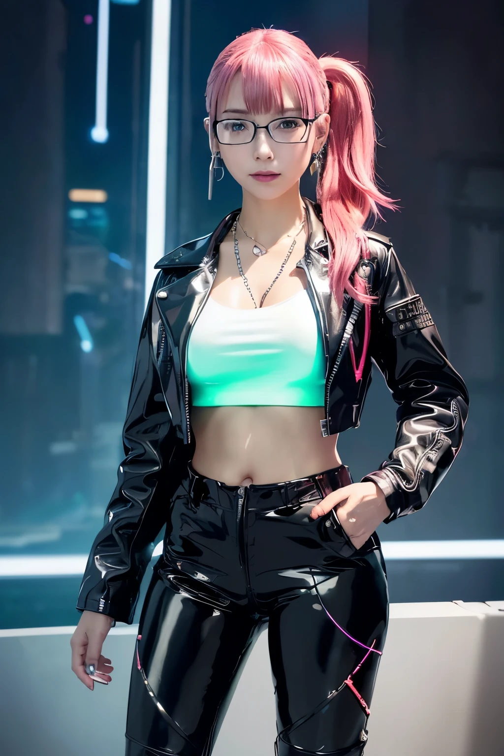 (8K, top-quality, masterpiece:1.2), (reallistic, Photorealsitic:1.37), Super Detail, One girl, (Highly detailed), (beautifully detailed eyes), (of the highest quality), (super detailed ), (masterpiece), (Detailed face), 20yr old, 1 girl, ((pink hair,long hair)), medium breasts, clothed, Perfect Lighting, BREAK, (futuristic cyberpunk clothes:1.5), (black leather jacket with neon lights:1.6), (white mesh top:1.5), (red latex pants:1.6), (shiny and tight fabrics:1.4), (glowing wires and circuits:1.5), (black combat boots:1.5), (silver cybernetic earrings and necklace:1.6), (red LED glasses:1.6), BREAK, (full body shot), (side ponytail with cybernetic accessories), (sassy and confident smirk), (right hand holding a laser gun, left hand on hip), (futuristic dystopian background), (dark and moody light)