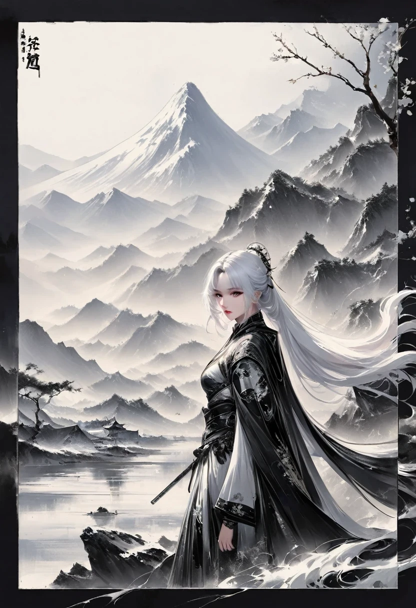 (Lots of white space:1.5),(Lots of white space around:1.6), White background, simple, Minimalism, abstract,Freehand,Aesthetic,black and white,Ink Painting,antiquity,a mountain,A person far away,An abstract art illustration, author:Li Song, Arte no estilo de guweiz, arte shin jinyoung, Obra-prima de guweiz, Ross chart 1. 0, Beautiful digital illustrations, Inspired by non-WLOP, simpledigital art, jingna zhang, guweiz, Stunning digital illustrations