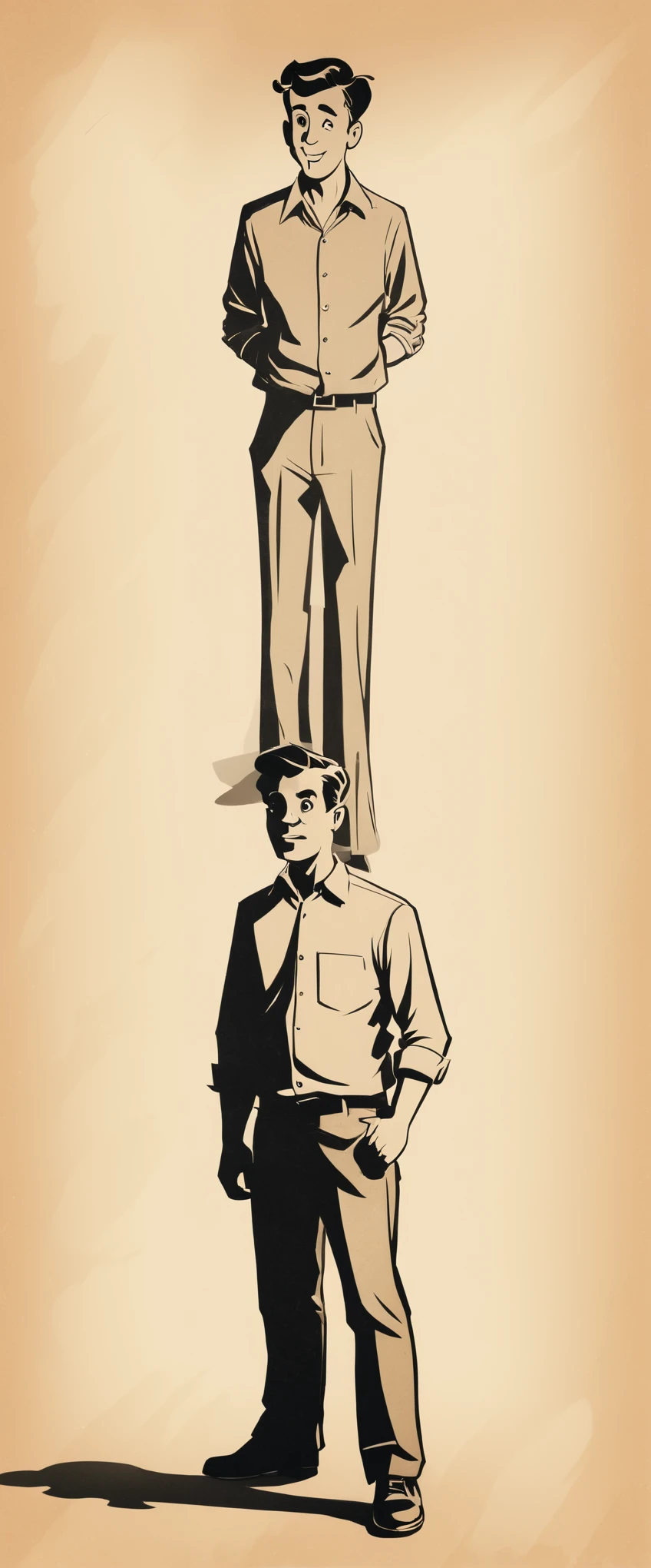 caricature photo of an adult boy in simple clothes with his face facing upwards standing with his body turned and his shadow cartoon, vintage, illustration, vector