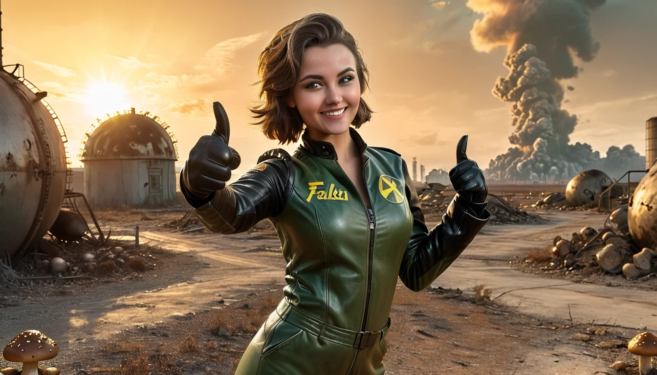 1girl, expressive eyes, wink, in fallout vault jumpsuit with leather jacket, thumbs up pose, wasteland in sunset and nuclear bomb explosion with mushroom cloudin background, detail richness, masterpiece, best quality, fallout style, pulp's comics style