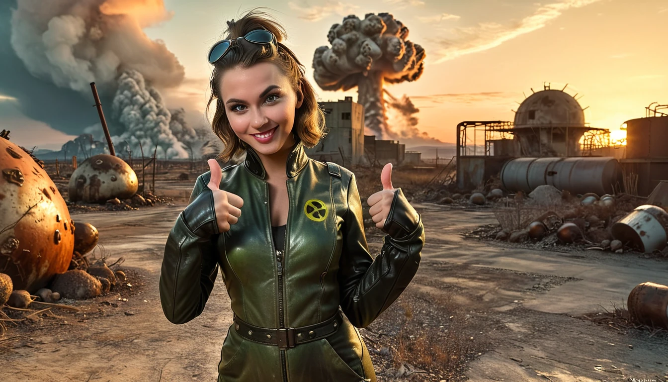 1girl, expressive eyes, wink, in fallout vault jumpsuit with leather jacket, thumbs up pose, wasteland in sunset and nuclear bomb explosion with mushroom cloudin background, detail richness, masterpiece, best quality, fallout style, pulp's comics style