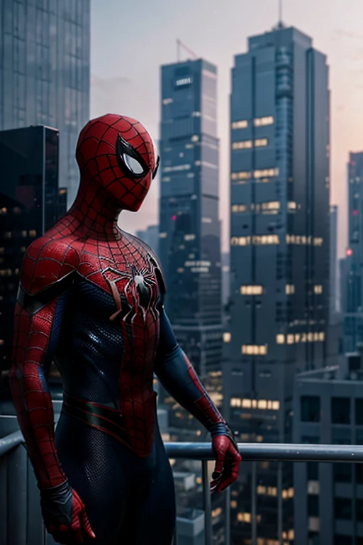 masterpiece , award winning picture , ray tracing , depth of fields , ultra HD , 16K , at night ,spiderman standing at the rooftop of the tall building , torned mask.