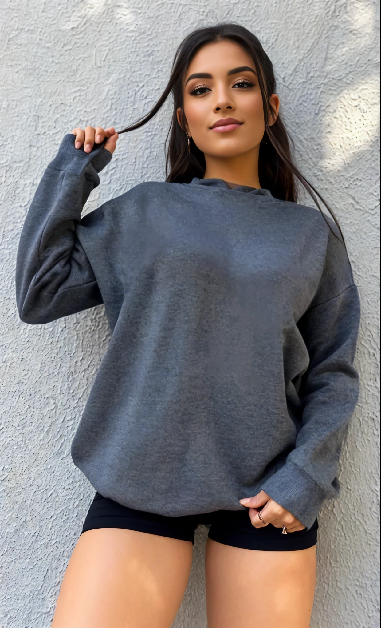 uma mulher de moletom cinza e short preto posando para uma foto, gray sweater, vestindo moletom, cinza escuro, superdimensionado, moda casual, roupas cinza, camisa cinza, wearing a dark sweater, cute moda casual, black sweater, 4 0 9 6, moletom cinza, pose casual, roupas realistas, superdimensionado hoodie, wearing casual sweater, solid gray, mulher em streetwear