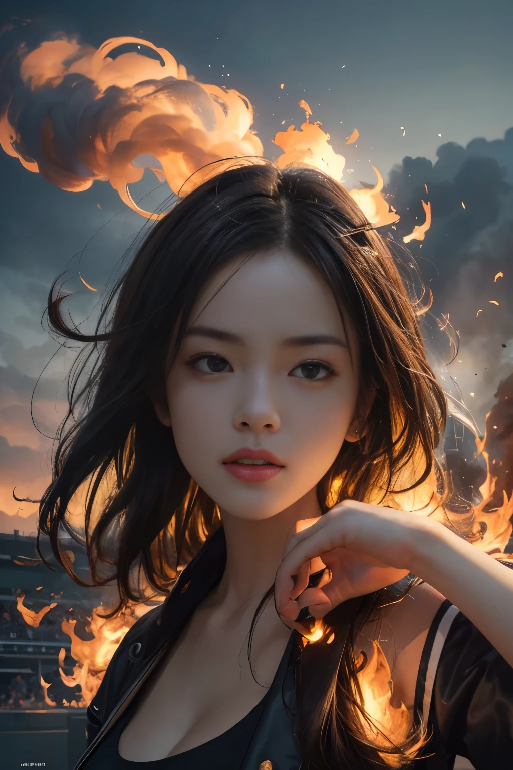 Hyper-realistic illustration, high resolution, 8K, deeply detailed scene, best illustration, dynamic lighting, dramatic flames engulfing the entire football field, crisp white lines creating a powerful composition, top-quality details, super-detailed flames, masterpiece as a wallpaper, detailed background with smoke and heat, textured skin of the flames, cinematic lighting, hight resolution, high quality, high detail, film grains, Fuji colors, lighting contrast, light and shade, tmasterpiece, high detal, high quarity, conveying a sense of power and enthusiasm.