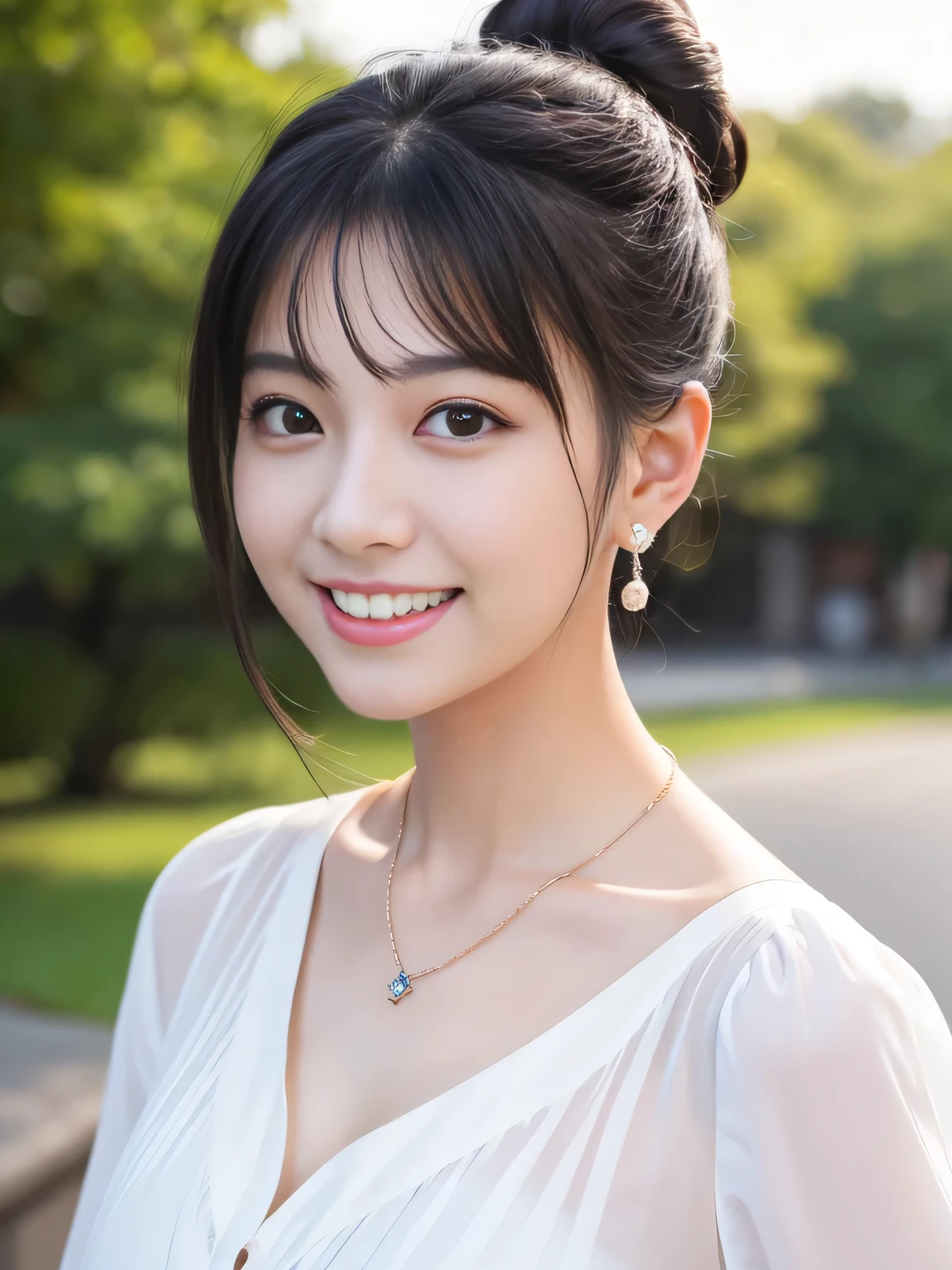 Ultra-high resolution, Superior Quality, highest quality, Very detailed, Realistic, 8k, RAW Photos, highest quality, masterpiece, Attractive girl, Awesome girl, Black Hair、 Hairstyle bun、 Japanese Idols, blouse,smile、Beautiful teeth alignment、Ear piercing、Necklace around the neck、Random cute poses
