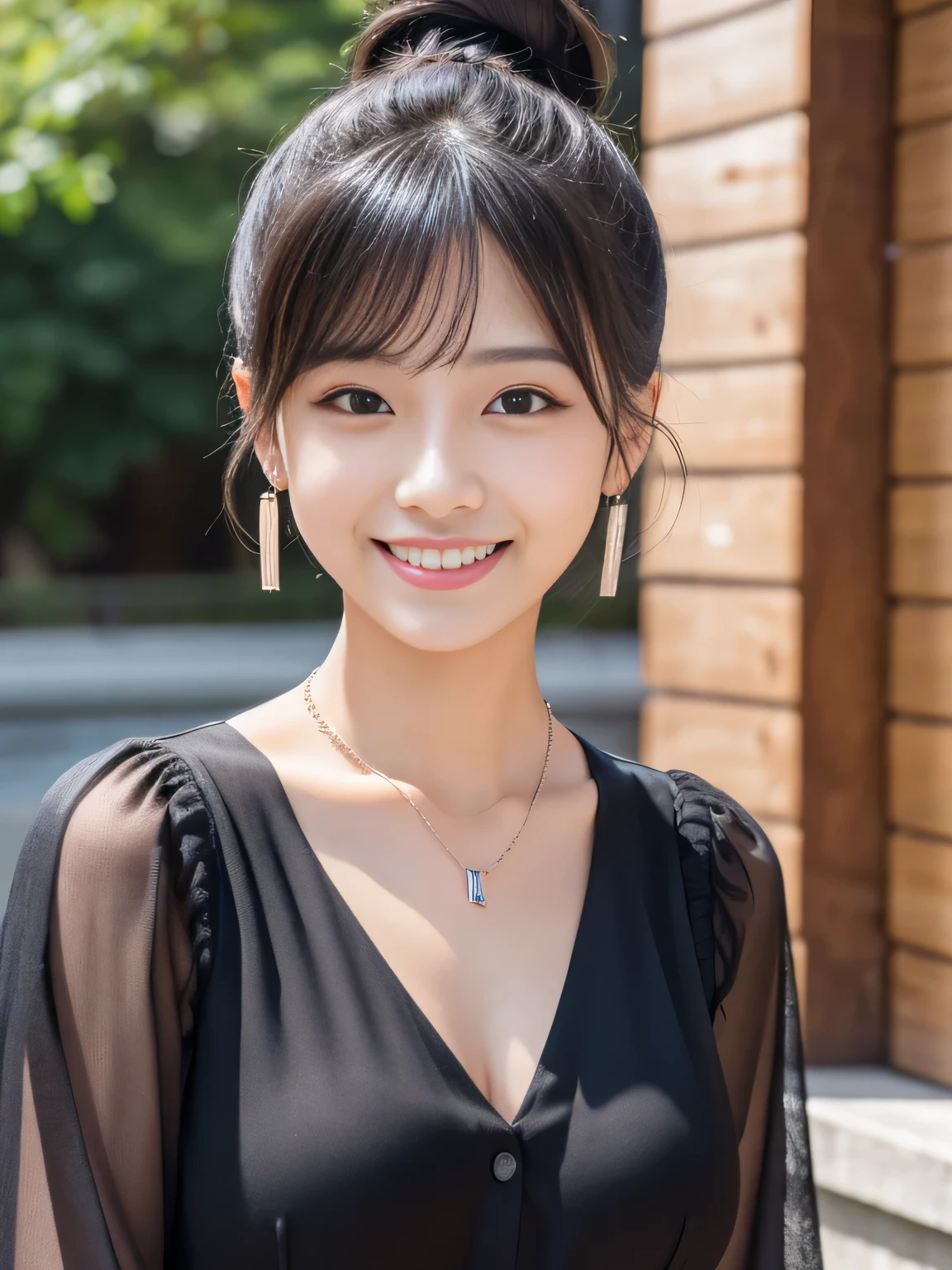 Ultra-high resolution, Superior Quality, highest quality, Very detailed, Realistic, 8k, RAW Photos, highest quality, masterpiece, Attractive girl, Awesome girl, Black Hair、 Hairstyle bun、 Japanese Idols, blouse,smile、Beautiful teeth alignment、Ear piercing、Necklace around the neck、Random cute poses