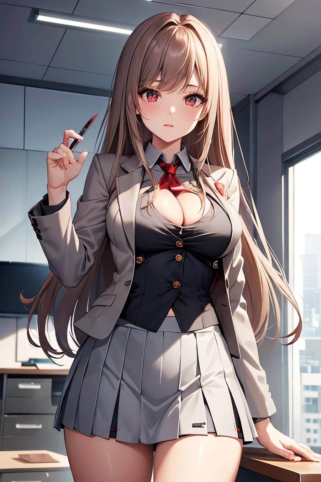 Game , goddess of victory nikke, Rapi , light brown hair,  alluring eyes ,beautiful face , crystal red eyes ,  long hair, ((grey office suit jacket)) , (( grey pensil skirt)) , cleavage, g cup breast, slender waist, bewitching thighs, five fingers each hand, two hand ,two leg , at office, alluring poses , 