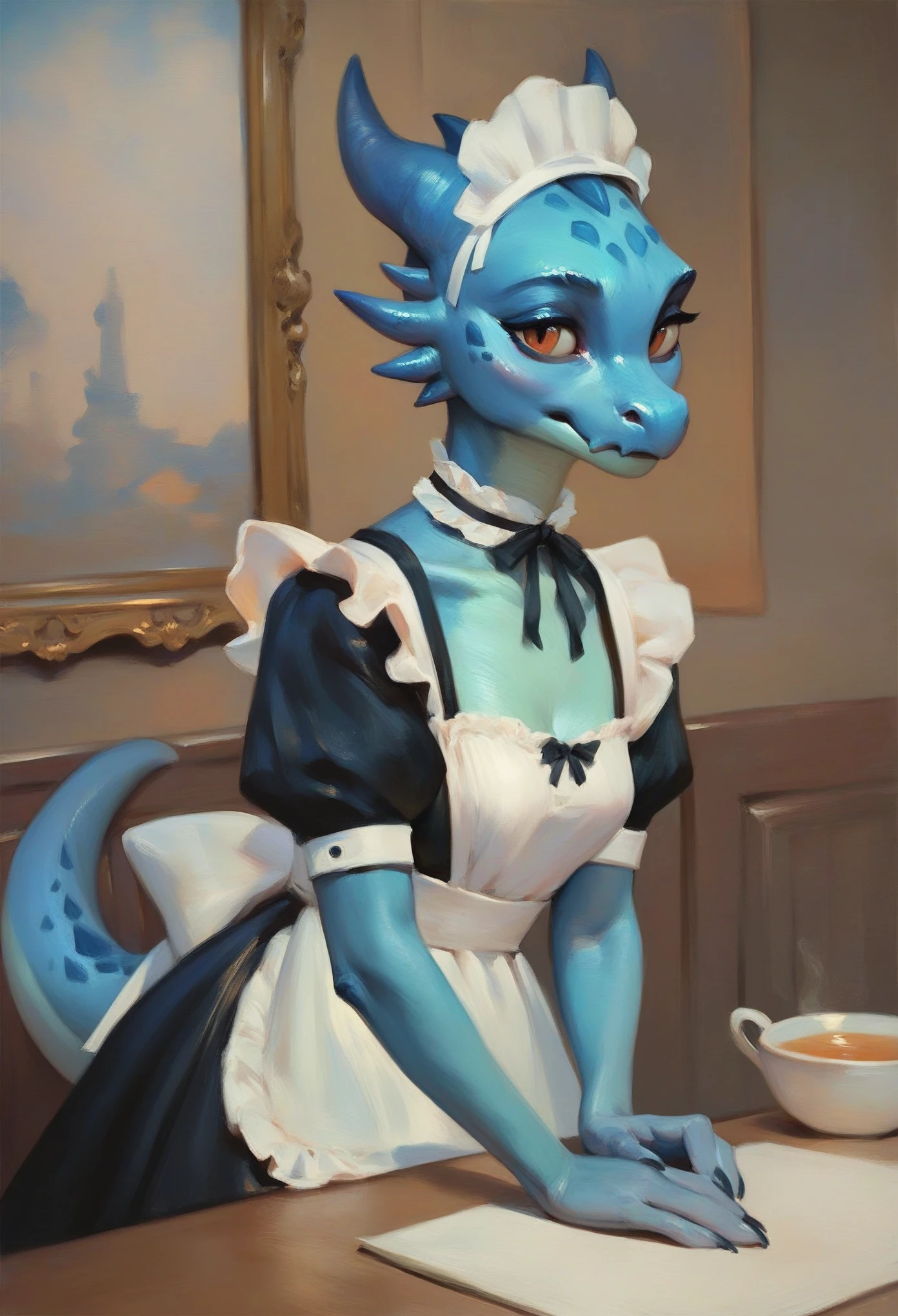 oil painting, traditional media, realistic, score_9_up,score_8_up,score_7_up,score_6_up, blue kobold, female, maid outfit,