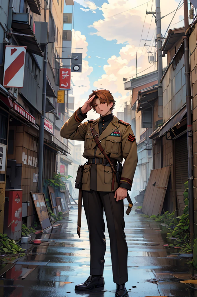 Pier, alone, Brown_hair, hand袋, weapupon, male_concentrated, cloud, uniform, hand_upon_Hip, gun, army, army_uniform, scar, building, city, Realistic, salute, Remains, load_bearing_Best