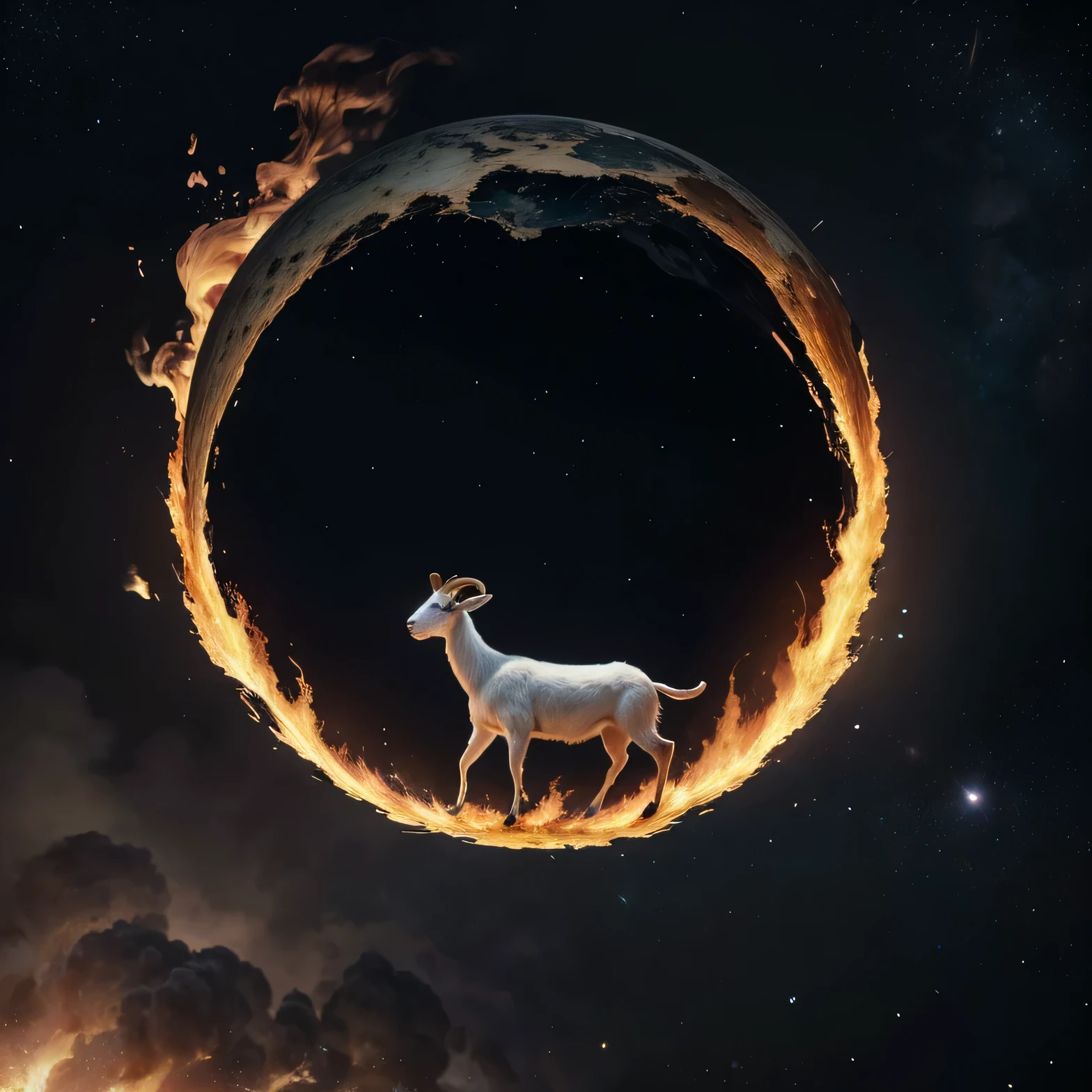 just a goat in the middle of the universal cap, without people, a universe on fire, falling debris, world falling, lots of fire, no one survived just the goat that must be the center of the image, universe ending