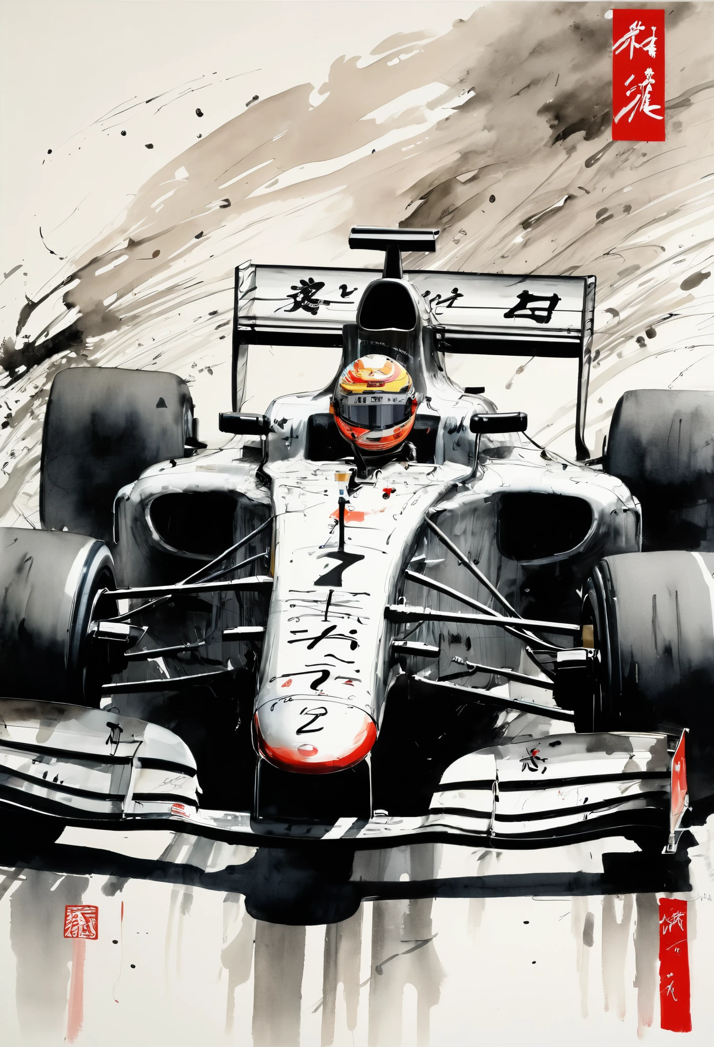 Written by Wu Guanzhong, Inks and washes, F1 Racing, (highest quality, A perfect masterpiece, Representative works, Official Art, Professional, Attention to detail, Super intricate details:1.3)