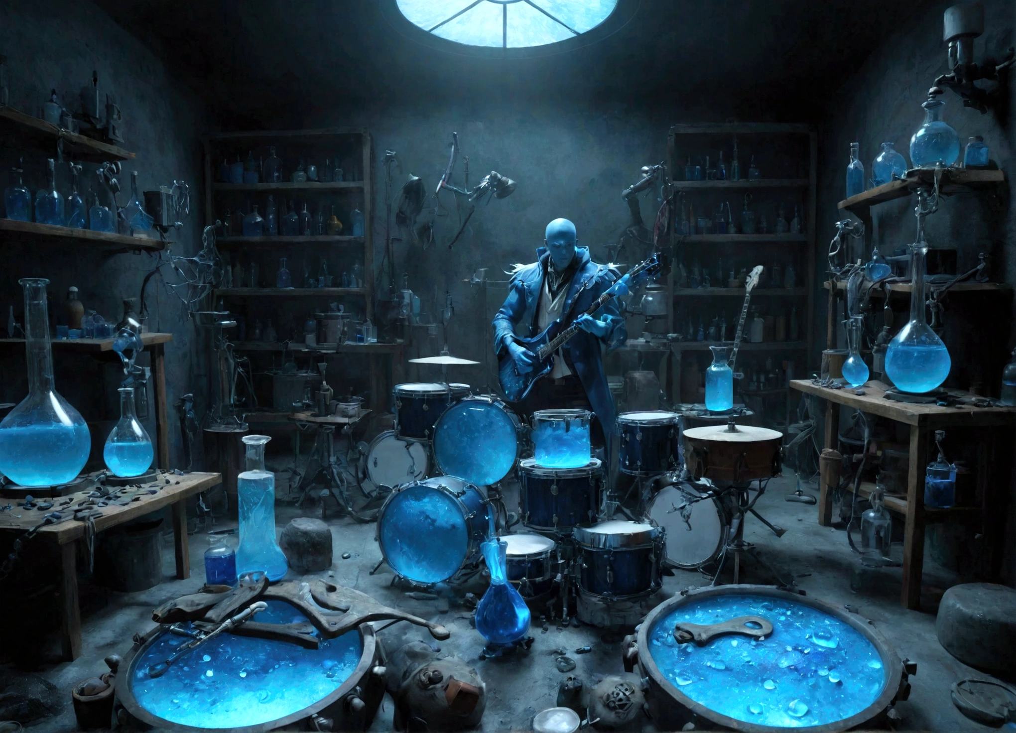 Sucrose in his laboratory, with music guitars and drums, to make a blue potion