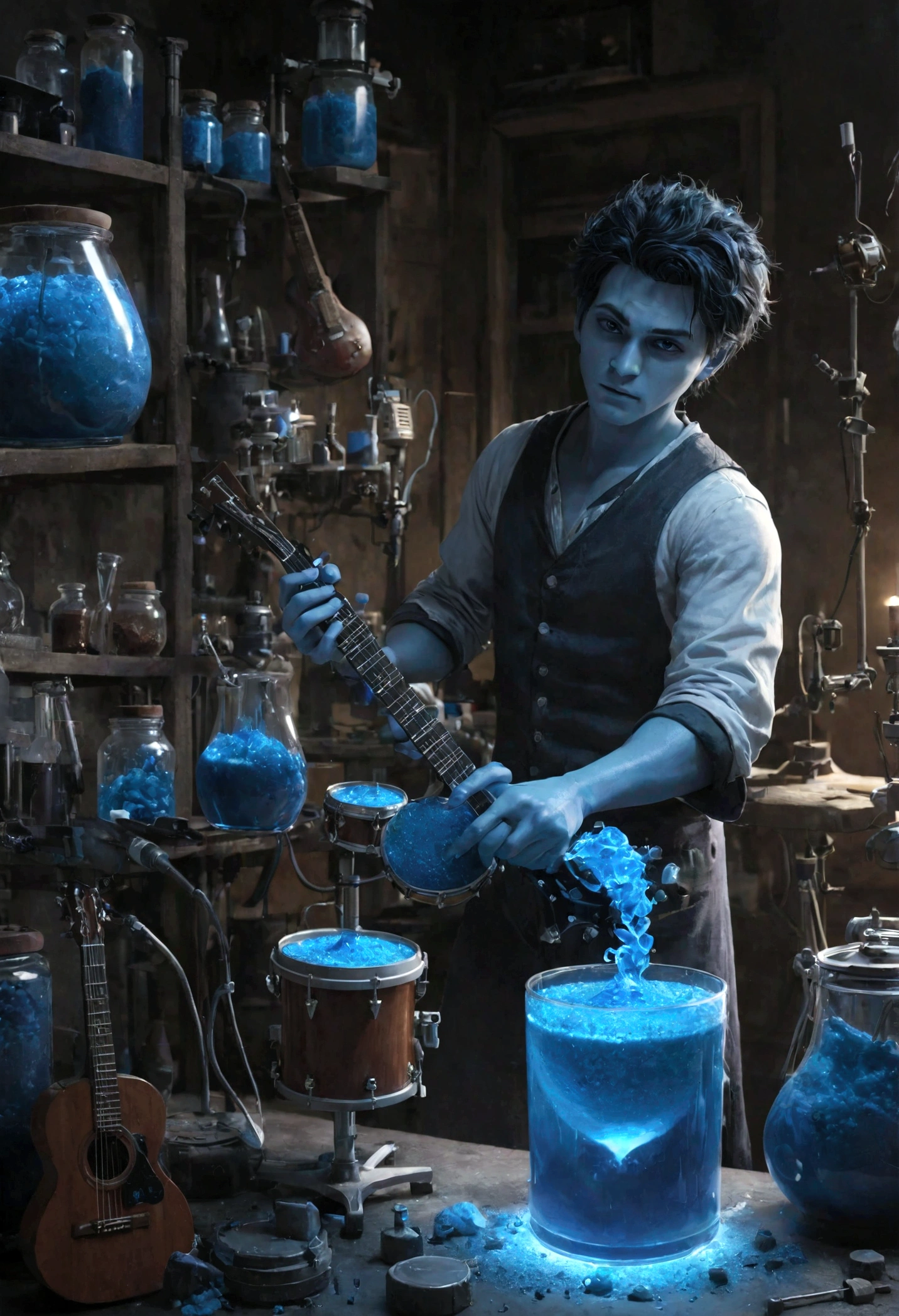 Sucrose in his laboratory, with music guitars and drums, to make a blue potion