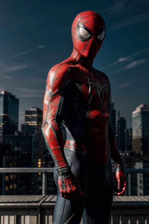 masterpiece , award winning picture , ultra HD 16K , ultra realistic , spiderman standing at the rooftop , torned mask.