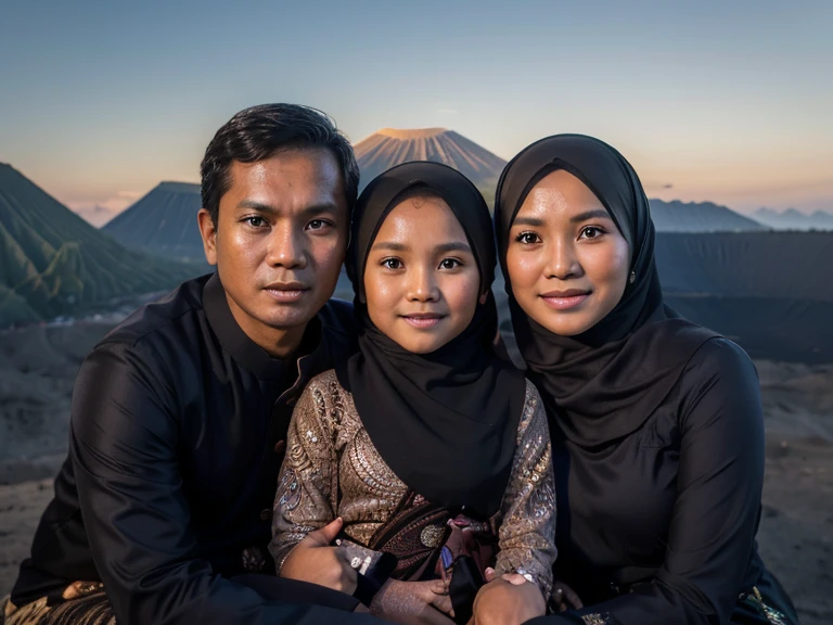 close-up portrait An Indonesian family has a father and mother and an  daughter wearing a hijab. and traditional javanese Indonesian clothing, clear detailed faces. They were on Mount Bromo watching the sunset.