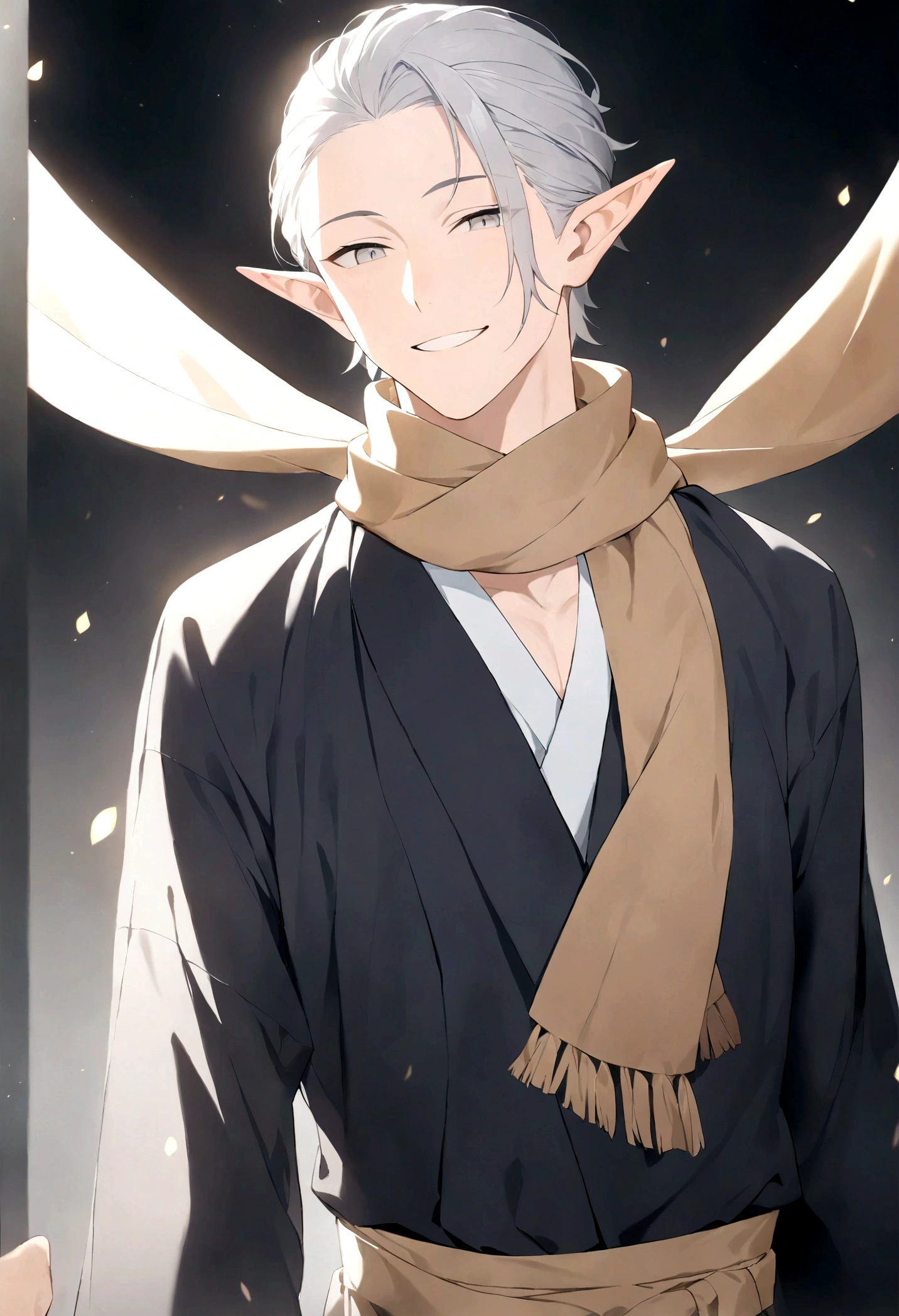(Artwork, very high quality photo, CGI effect, lighting effect, shading effect), a male elf, bright gray eyes, short platinum hair, (wearing a black kimono with gold details), a brown scarf wrapped around his neck , white yukata over the kimono, (A confident smile on his face, a look of victory)