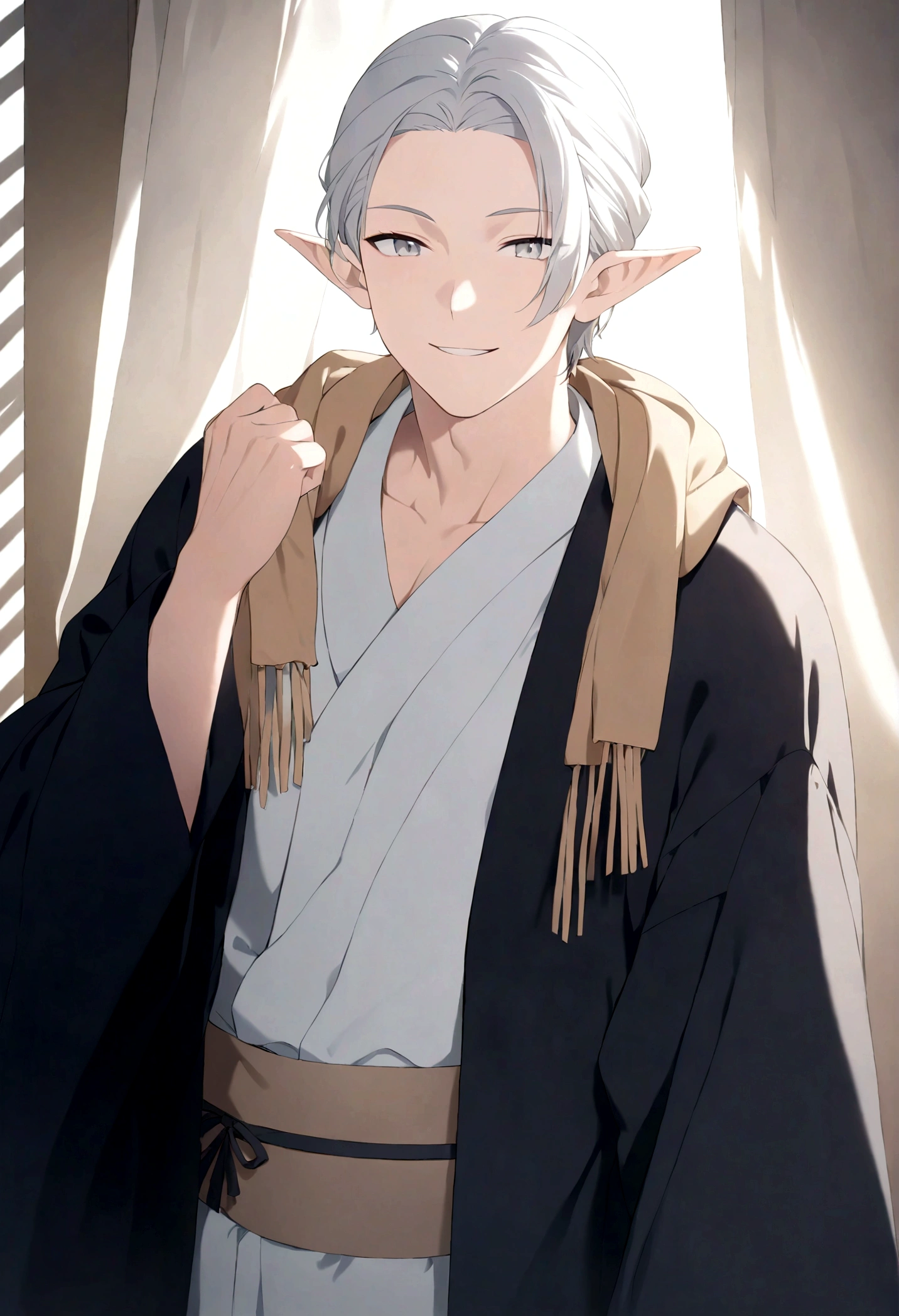 (Artwork, very high quality photo, CGI effect, lighting effect, shading effect), a male elf, bright gray eyes, short platinum hair, (wearing a black kimono with gold details), a brown scarf wrapped around his neck , white yukata over the kimono, (A confident smile on his face, a look of victory)