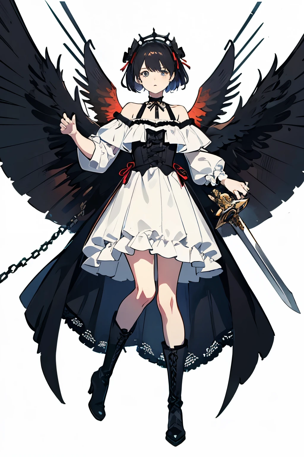 msw, best quality, illustrious,1girl, monochrome, greyscale, solo, halo, long hair, chain, boots, standing, wings, simple background, full body, belt, white background, sleeves past wrists, closed mouth, twintails, ponytail, dress, very long hair, long sleeves, bangs, choker, frills, looking at viewer, parted lips, smile, collar, skirt, earrings, jewelry, looking to the side, black dress