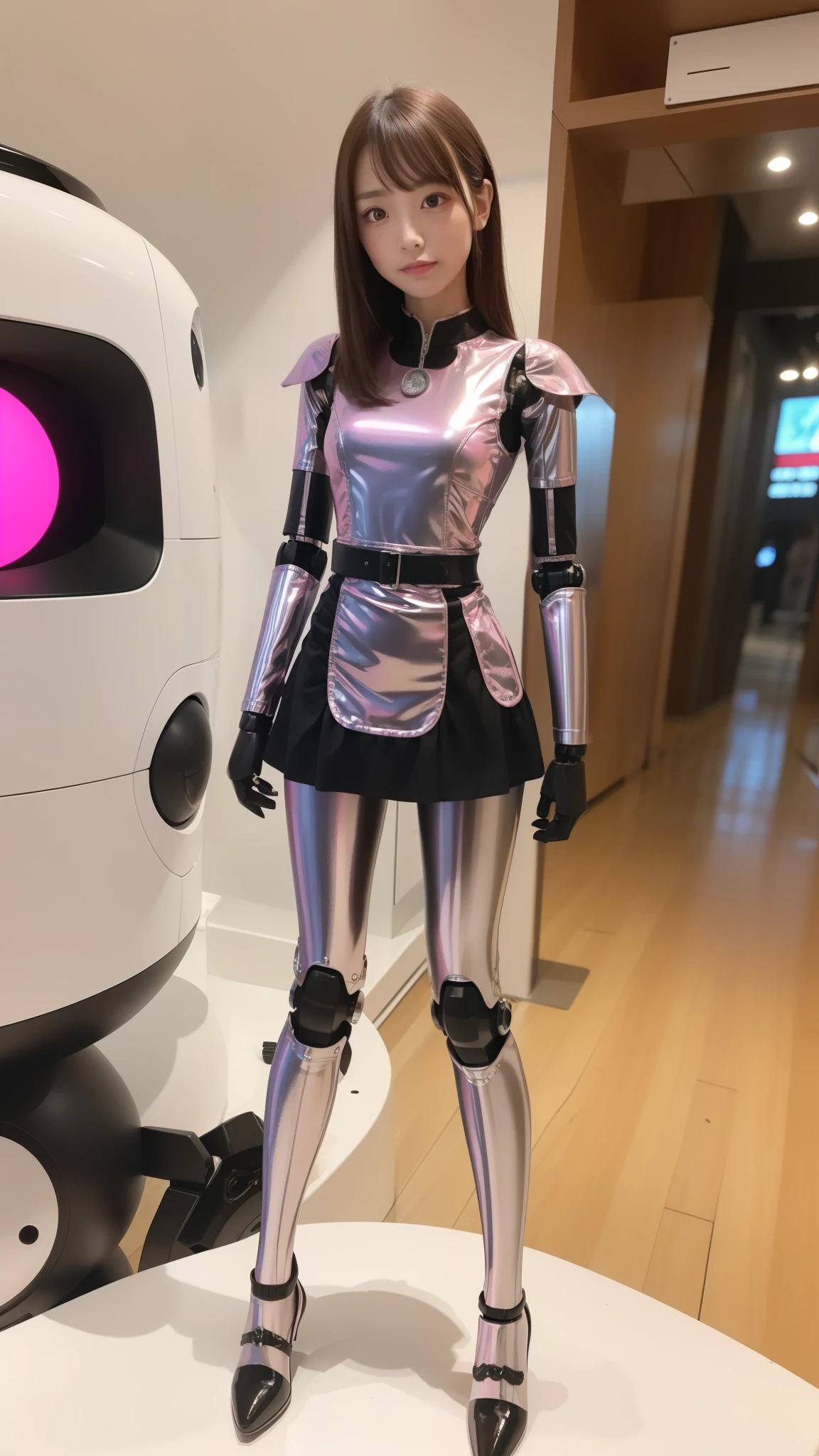 Robot Girl, pink there, Silver, Metallic body, Robot Parts, Metal Parts, Super Detailed Face, Super well-formed face, of the highest quality, a small face, a small head, Brown hair, Slender body, Camera gaze, Internal Mechanical Exposure, Idol, front facing, Well-proportioned body, sale, Exhibited, Event Hall, Moe Pose, pink metallic ta dress machine armor, Standing with legs open, Model body type, sad, Embarrassing,(Perfect Robot Girl),(Perfect machine body)