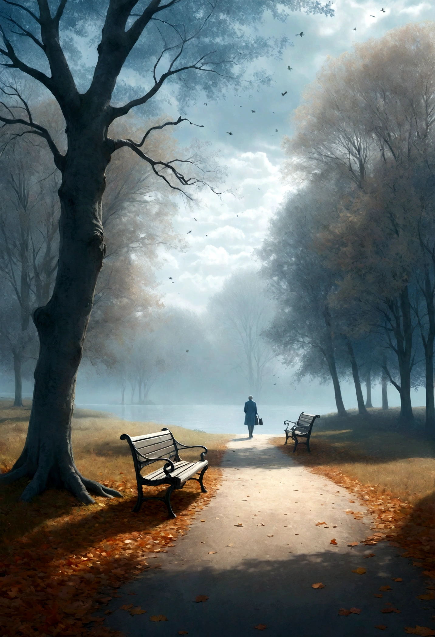 Style: Digital art. "Melancholy autumnal landscape with leaves falling from old trees. Soft, cool tones of blue and gray, cloudy sky. Lone figure walking along trail with leaves, feeling of nostalgia and introspection. Old empty park bench and serene lake. Diffuse light, shadows soft, resonant atmosphere of serenity."