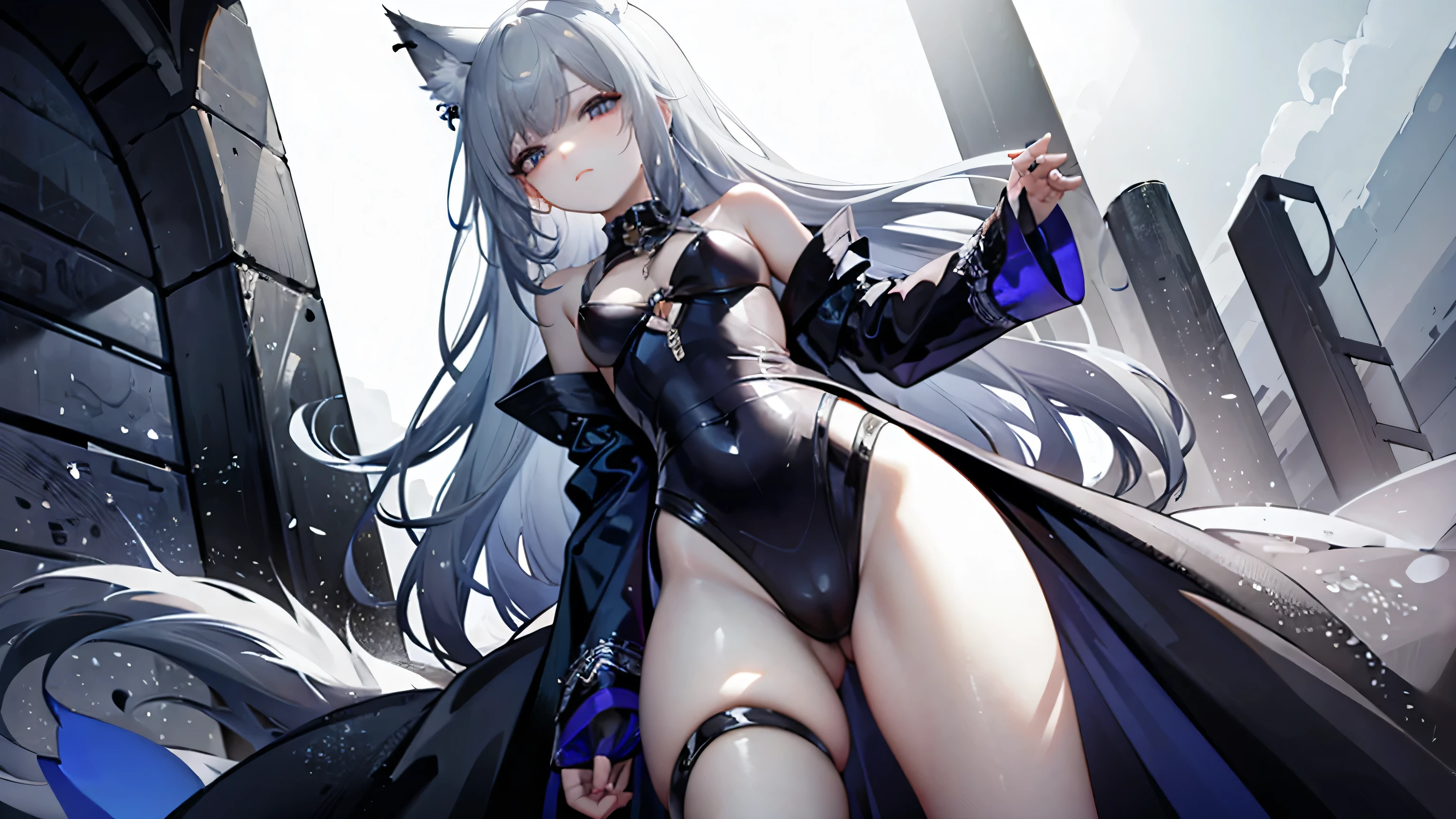 Small breasts,Wolf Ears,bluish-silver hair,Black Robe,Naked but wearing a robe,My crotch is wet,Love juice dripping down her thighs
