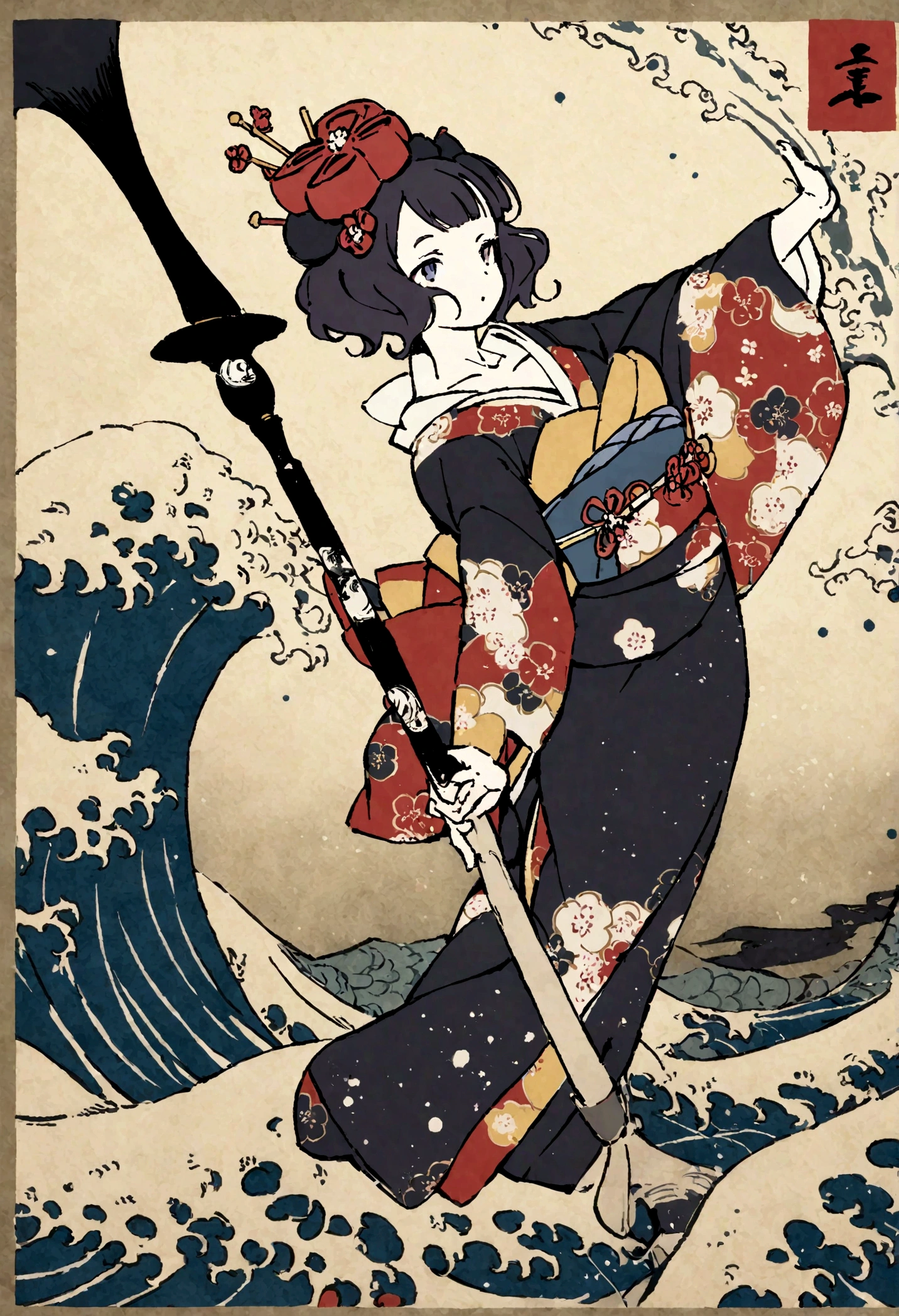 Calligraphy performance, kimono, huge brush, ink, splashes, bold waves dancing with big brush, Hokusai Katsushika, delicate and precise, modern Ukiyoe style, girl