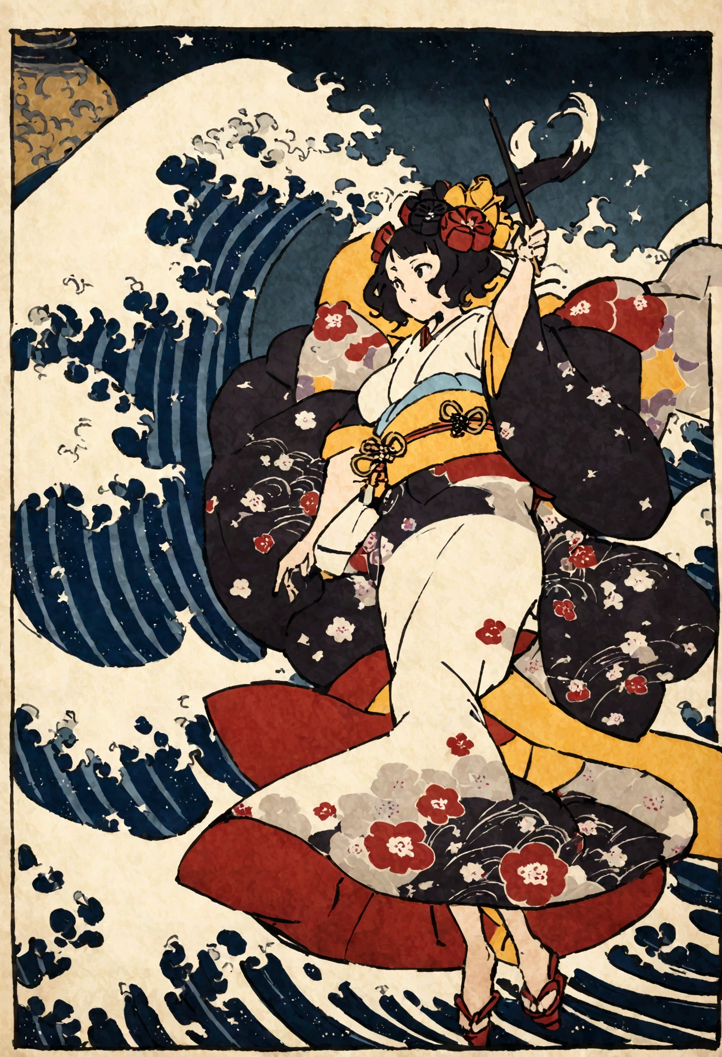 Calligraphy performance, kimono, huge brush, ink, splashes, bold waves dancing with big brush, Hokusai Katsushika, delicate and precise, modern Ukiyoe style, girl