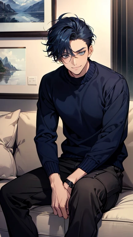 (highest quality,High resolution,masterpiece:1.2),Abstract,Masculine,Navy Blue Hair,28 years old,Dark blue eyes,sweater,cargo pants,Dark blue gaze,Calm,quiet,A kind smile,Sitting on the couch,talk