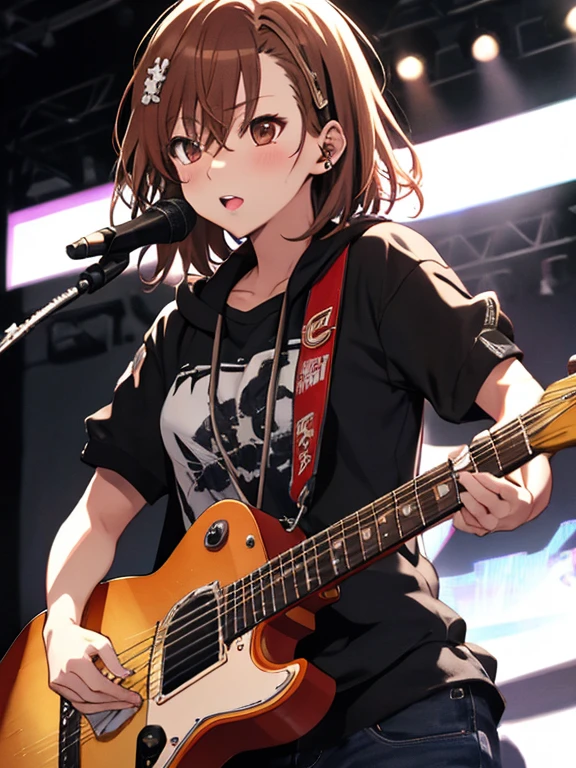 Misaka Mikoto、guitarist、stage、UHD, retina, masterpiece, ccurate, anatomically correct, textured skin, super detail, high details, high quality, best quality, highres, 4K