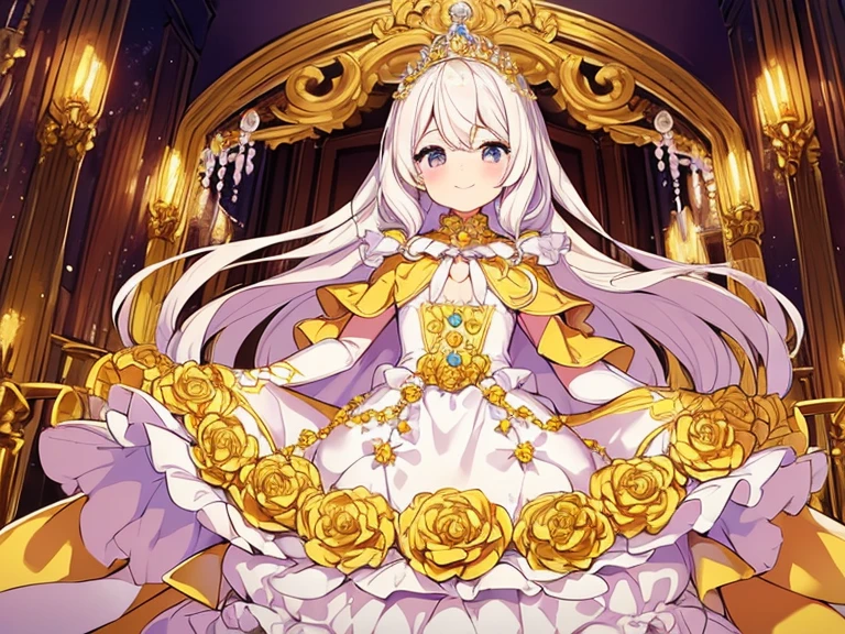 looking at viewer,(kawaii),(best quality),(ultra detailed), upper body,(rococo style),(long train pastel yellow cape:1.15), very long cape,(long train white ball gown with flower decorations:1.1), a girl is wearing a cape over her gown, 1 little princess, tiara, smile, very long hair, small breasts