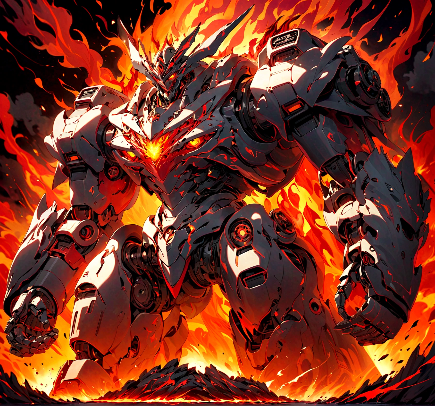 solo, super robot, Evil villains, giant robots that destroy the world, red demonic mecha with flames, a mecha with face and glowing eyes, fire golem creature, destructive colossal mecha as background, lava mecha, fire elemental, mecha vore art epic digital painting, epic full color illustration, background artwork