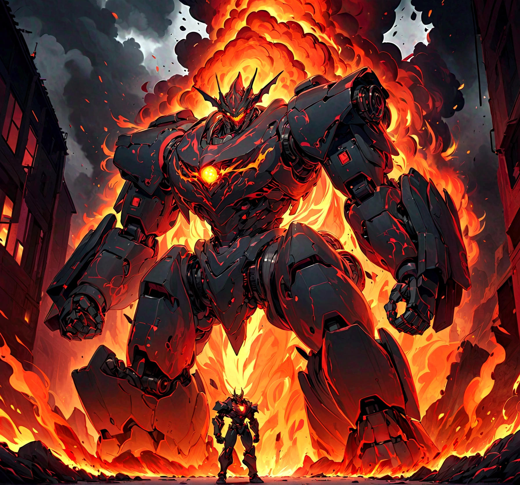 solo, super robot, Evil villains, giant robots that destroy the world, red demonic mecha with flames, a mecha with face and glowing eyes, fire golem creature, destructive colossal mecha as background, lava mecha, fire elemental, mecha vore art epic digital painting, epic full color illustration, background artwork