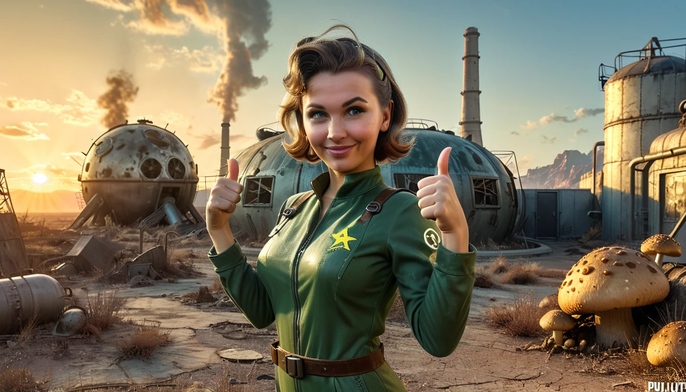 1girl, expressive eyes, wink, in fallout vault jumpsuit with pip-boy , thumbs up pose, wasteland in sunset and nuclear bomb explosion with mushroom cloudin background, detail richness, masterpiece, best quality, fallout style, pulp's comics style