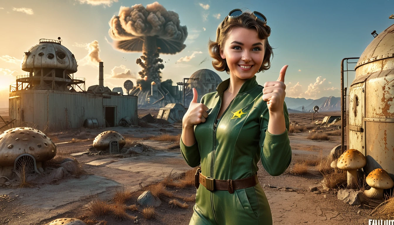 1girl, expressive eyes, wink, in fallout vault jumpsuit with pip-boy , thumbs up pose, wasteland in sunset and nuclear bomb explosion with mushroom cloudin background, detail richness, masterpiece, best quality, fallout style, pulp's comics style